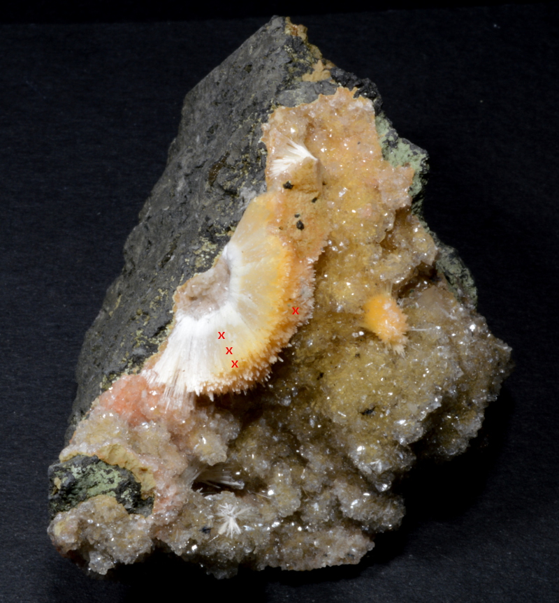 mesoliteOrThomsoniteOrangeBallsOverMatrixMineralSpecimen 800 spots